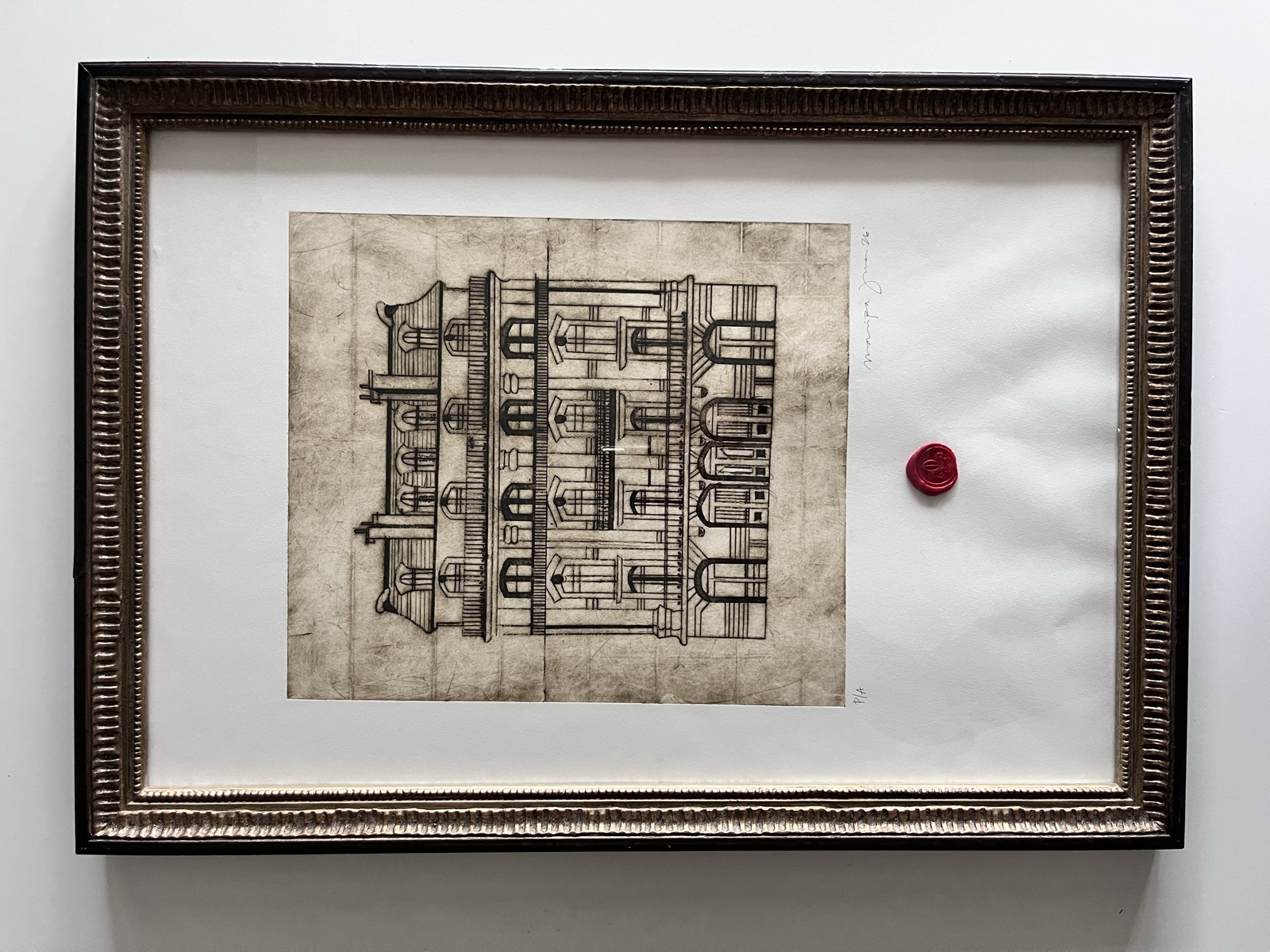 Serie Arquitectura II — grabado verde sobre papel, firmado y sellado